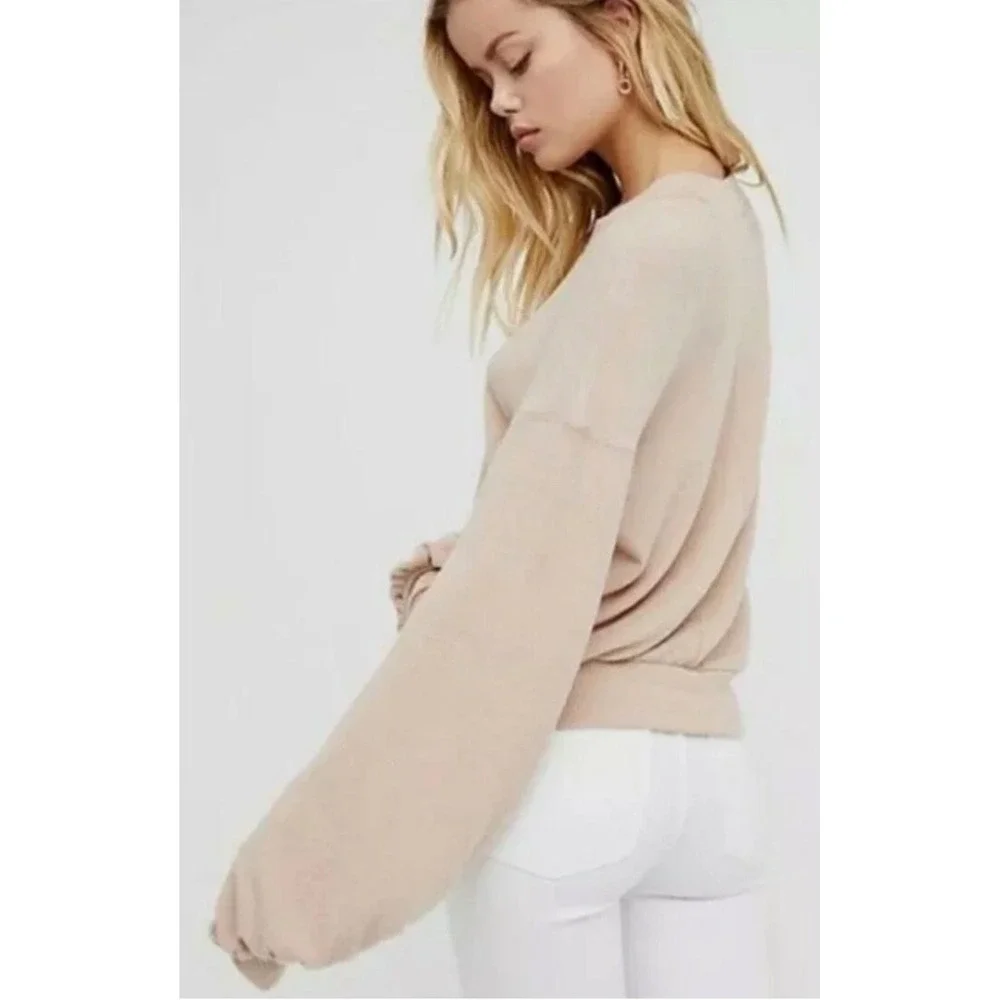 Free People Beach TGIF Sweater Long Balloon Sleeve Stretch Tan Blush Pink Small